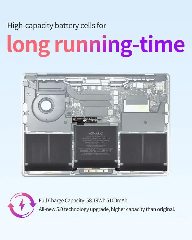 Alt view image 5 of 6 - Replacement Battery for MacBook Pro A1708, 13-Inch, 2016-2017 | Fits A2159 (2019), A2289 (2020), A2338 (2020, 2022), A1713/A2171 battery models, 11.41V 5100mAh 58.19Wh, up to 1000 cycles