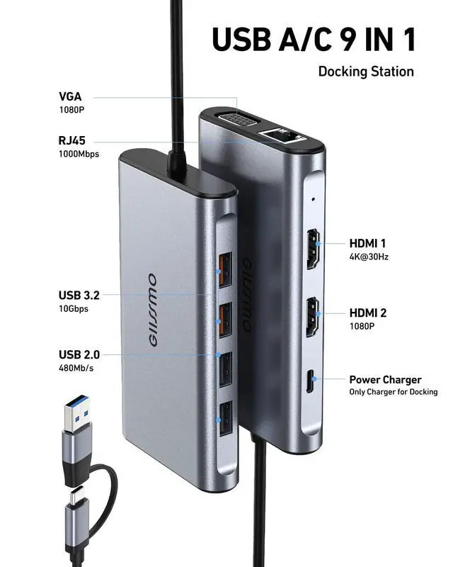 Alt view image 2 of 6 - USB Docking Station Dual Monitor, 9-in-1 USB A 3.0 / USB C Docking Station Triple Monitor with 2 HDMI,VGA, 10Gbps USB 3.1, Gigabit Ethernet, Triple Display for Mac & MacBook & Windows Laptop