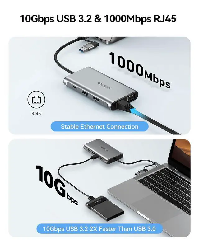 Alt view image 5 of 6 - USB Docking Station Dual Monitor, 9-in-1 USB A 3.0 / USB C Docking Station Triple Monitor with 2 HDMI,VGA, 10Gbps USB 3.1, Gigabit Ethernet, Triple Display for Mac & MacBook & Windows Laptop