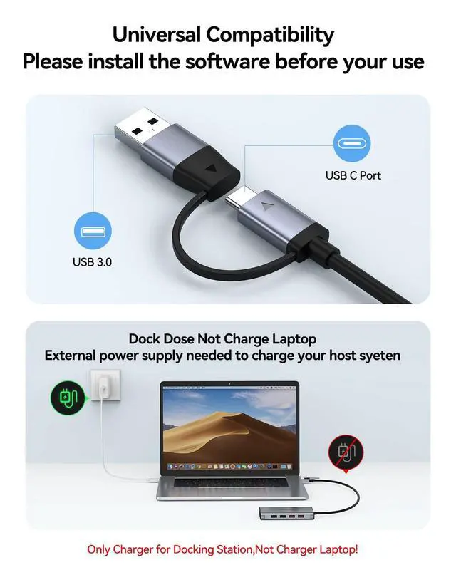 Alt view image 6 of 6 - USB Docking Station Dual Monitor, 9-in-1 USB A 3.0 / USB C Docking Station Triple Monitor with 2 HDMI,VGA, 10Gbps USB 3.1, Gigabit Ethernet, Triple Display for Mac & MacBook & Windows Laptop