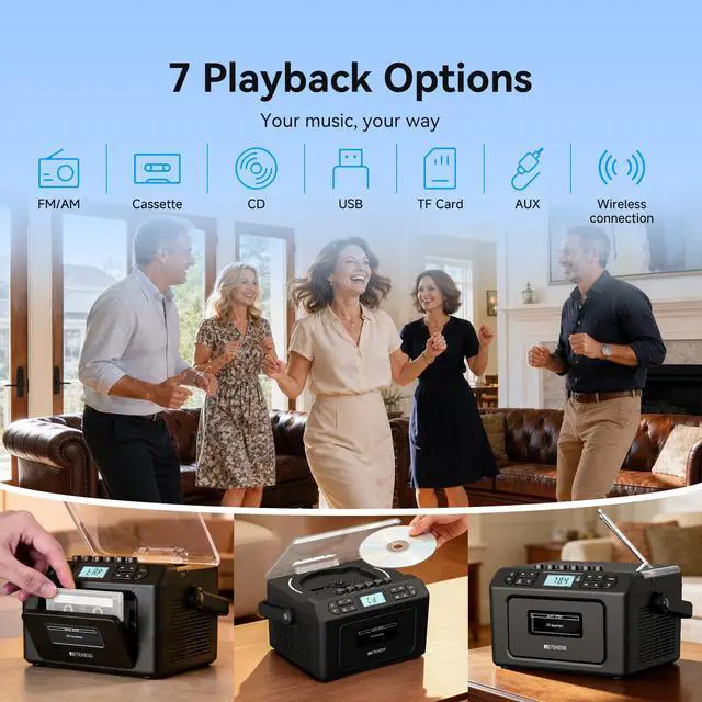 Alt view image 5 of 6 - TR642 Boombox with CD and Cassette Player, Radio with CD Player | for Home/Gifts, 15H Long-Lasting, Wireless 5.3, LED Ambient Lighting, Dual-Speaker Stereo, Sleep Timer, AM/FM, Remote Control