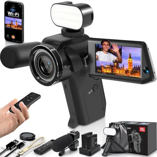 Main image of 8K Video Camera, Dual Lens Camcorder with WiFi Vlogging Camera for Youtube | 75MP Recorder, Webcam, 270° Rotatable Screen, with Microphone, Fill Light, Remote Control, mini Tripod, Batteries, Charger
