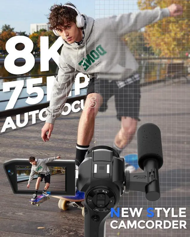Alt view image 2 of 6 - 8K Video Camera, Dual Lens Camcorder with WiFi Vlogging Camera for Youtube | 75MP Recorder, Webcam, 270° Rotatable Screen, with Microphone, Fill Light, Remote Control, mini Tripod, Batteries, Charger