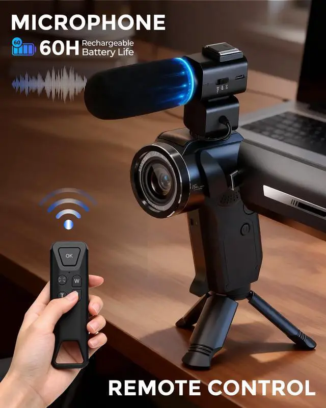 Alt view image 4 of 6 - 8K Video Camera, Dual Lens Camcorder with WiFi Vlogging Camera for Youtube | 75MP Recorder, Webcam, 270° Rotatable Screen, with Microphone, Fill Light, Remote Control, mini Tripod, Batteries, Charger