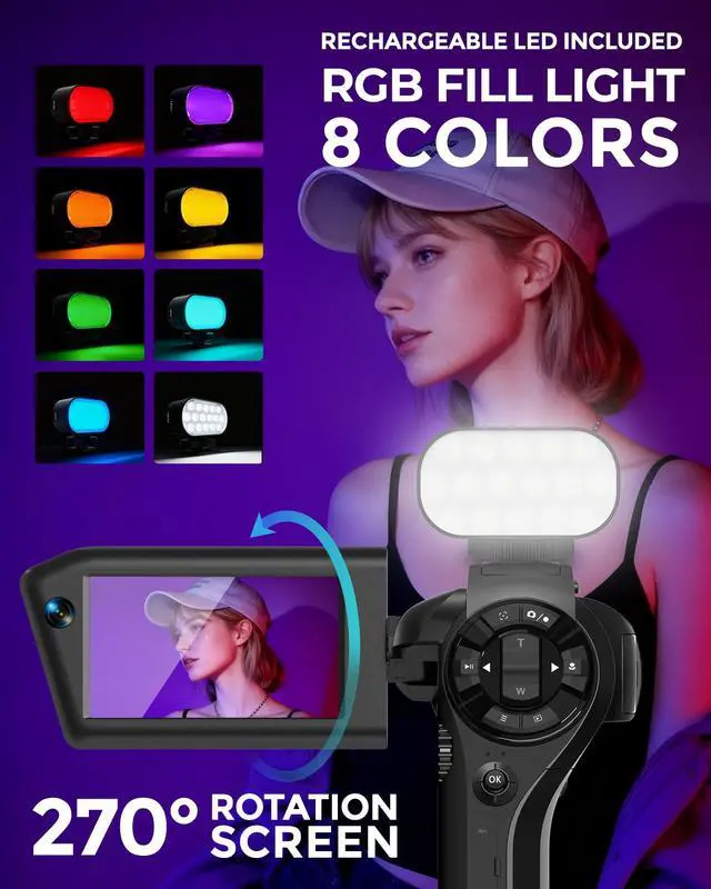 Alt view image 5 of 6 - 8K Video Camera, Dual Lens Camcorder with WiFi Vlogging Camera for Youtube | 75MP Recorder, Webcam, 270° Rotatable Screen, with Microphone, Fill Light, Remote Control, mini Tripod, Batteries, Charger