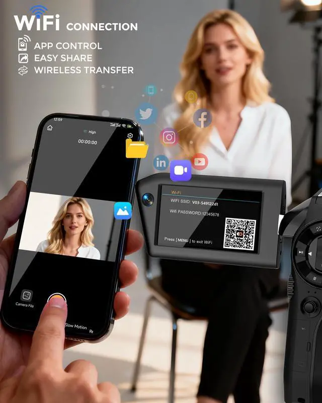 Alt view image 6 of 6 - 8K Video Camera, Dual Lens Camcorder with WiFi Vlogging Camera for Youtube | 75MP Recorder, Webcam, 270° Rotatable Screen, with Microphone, Fill Light, Remote Control, mini Tripod, Batteries, Charger