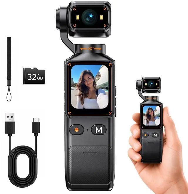 Main image of 2K Vlogging Camera with 180° Rotating Lens, Handheld Pocket POV Video Camera, WiFi App, 7H Battery, 1.69" Screen, 32GB Card Included for YouTube, TikTok, Travel, Content Creators & Daily Vlogs
