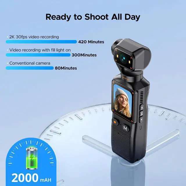 Alt view image 3 of 6 - 2K Vlogging Camera with 180° Rotating Lens, Handheld Pocket POV Video Camera, WiFi App, 7H Battery, 1.69" Screen, 32GB Card Included for YouTube, TikTok, Travel, Content Creators & Daily Vlogs