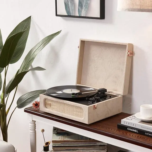 Alt view image 2 of 6 - Coryphaeus Vinyl Record Player 3-Speed Bluetooth Input and Output Built-in Speakers with Magnetic Cartridge Auto Off (Flora Engraved)