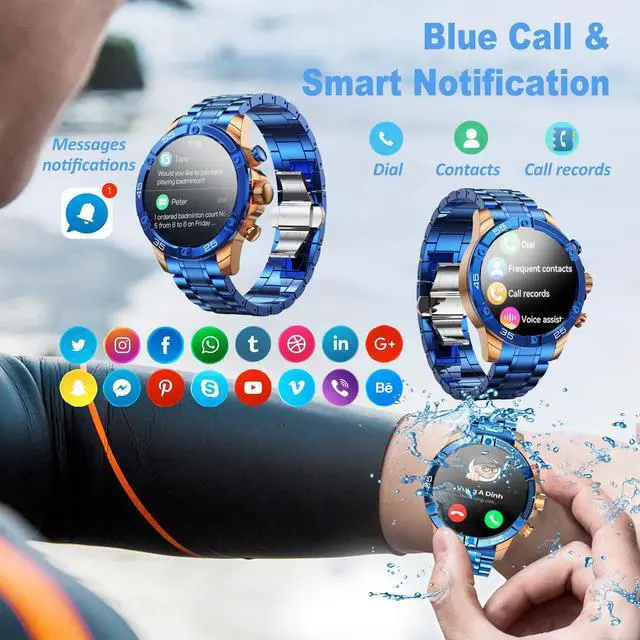 Alt view image 2 of 6 - Men's Smart Watch Round HD 1.53" Gold Blue Smart Watches for Men, Multiple Sports Modes, Bluetooth Voice Call. Available for iOS and Android (Blue Steel)