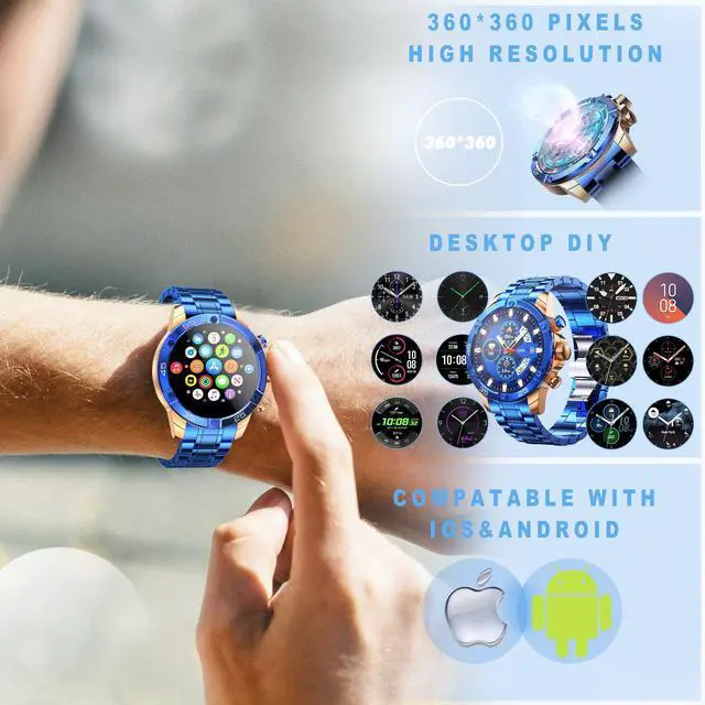 Alt view image 3 of 6 - Men's Smart Watch Round HD 1.53" Gold Blue Smart Watches for Men, Multiple Sports Modes, Bluetooth Voice Call. Available for iOS and Android (Blue Steel)