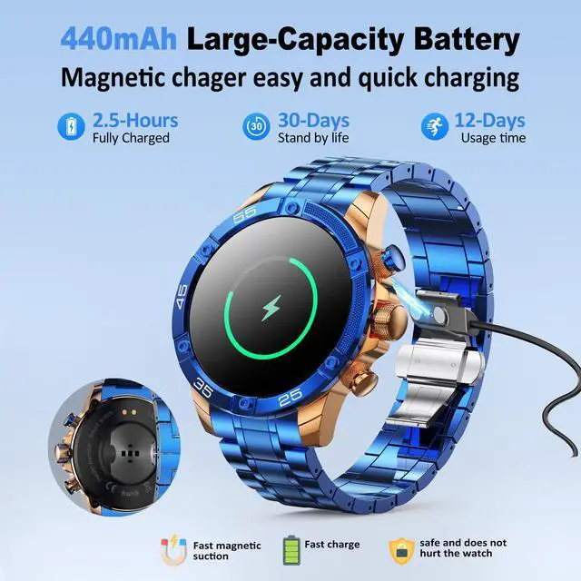 Alt view image 4 of 6 - Men's Smart Watch Round HD 1.53" Gold Blue Smart Watches for Men, Multiple Sports Modes, Bluetooth Voice Call. Available for iOS and Android (Blue Steel)