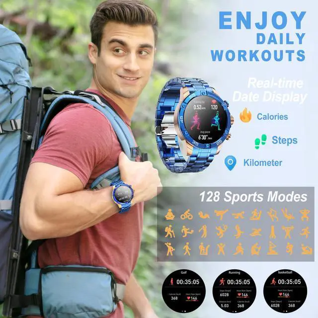 Alt view image 5 of 6 - Men's Smart Watch Round HD 1.53" Gold Blue Smart Watches for Men, Multiple Sports Modes, Bluetooth Voice Call. Available for iOS and Android (Blue Steel)
