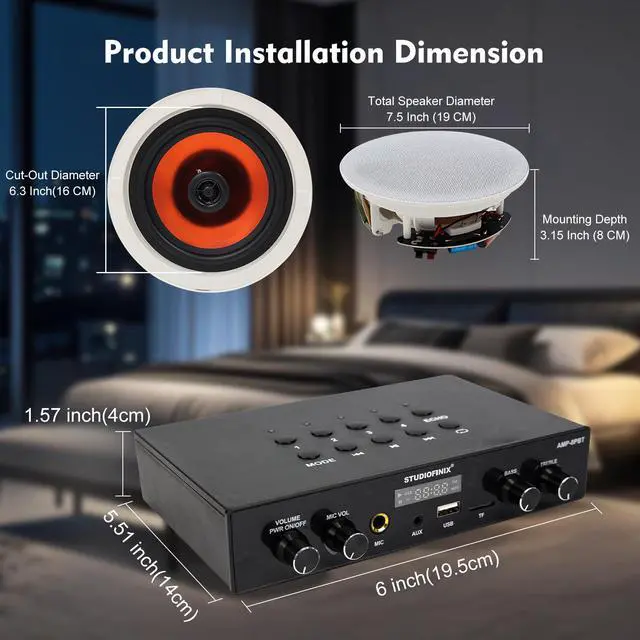 Alt view image 2 of 5 - 6.5 Inch Bluetooth 5.4 Ceiling Speakers with 4-Zone 8-Channel Amplifier,Independent Zone Volume Control for Home Theater, Studio,Multi-Room Audio System(8 Speakers)