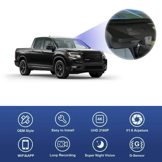 Alt view image 3 of 6 - 4K Dash Cam Suitable for Honda Ridgeline 2017-2026 RT RTS Trail Sport Black Edition RTL (DZ-0337), OEM Look, UHD 2160P Video, WiFi & APP, Loop Recording, G-Sensor, Plug & Play, 64GB Card