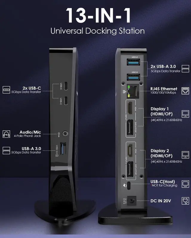 Alt view image 2 of 6 - Universal Laptop Docking Station - Dual Monitor Support for Windows and Mac, 5K/Dual 4K@60Hz (2 HDMI, 2 DP, 3 USB, 2 USB-C, Ethernet, Audio&Mic)