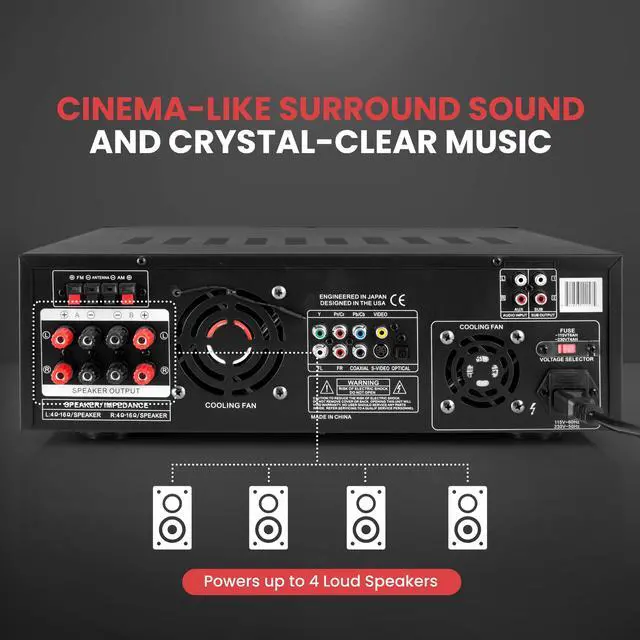 Alt view image 3 of 6 - 4-Channel Wireless Bluetooth Power Amplifier - 1000W Stereo Speaker Home Audio Receiver w/FM Radio, USB, Headphone, 2 Microphone w/Echo, Front Loading CD DVD Player, LED, Rack Mount, Black | Home Audi