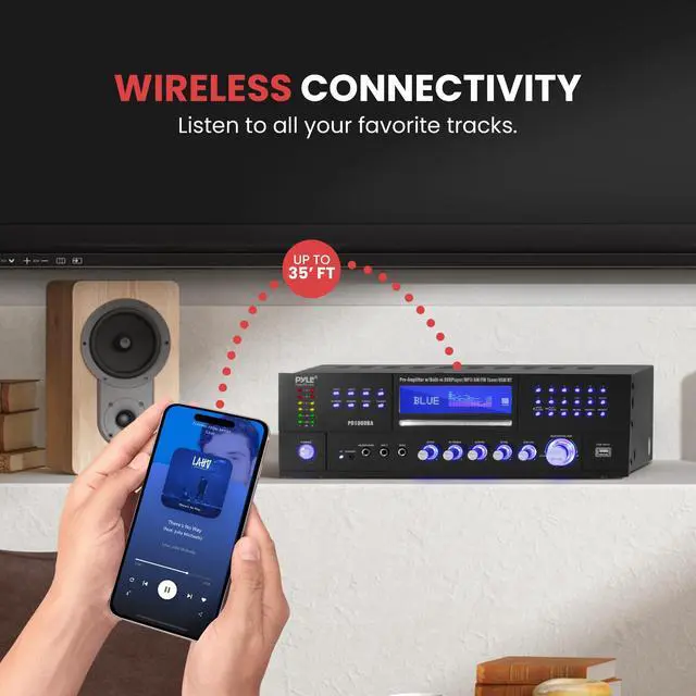 Alt view image 4 of 6 - 4-Channel Wireless Bluetooth Power Amplifier - 1000W Stereo Speaker Home Audio Receiver w/FM Radio, USB, Headphone, 2 Microphone w/Echo, Front Loading CD DVD Player, LED, Rack Mount, Black | Home Audi