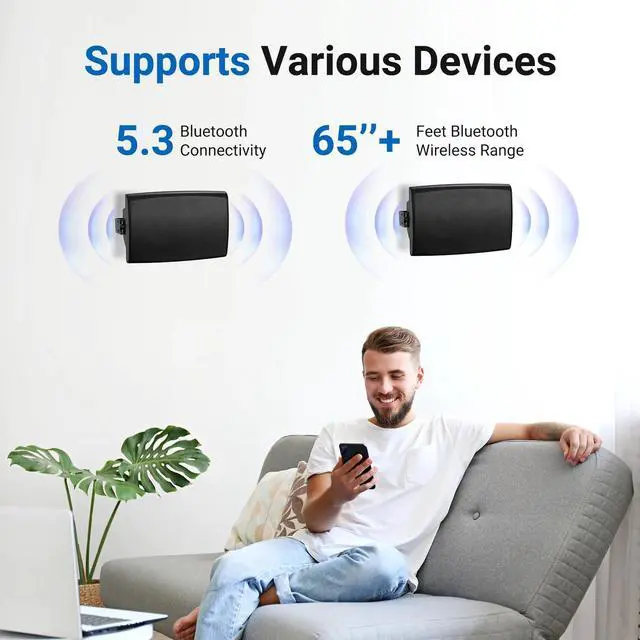 Alt view image 2 of 6 - 5.25 Inches 300 Watts Outdoor Bluetooth Speakers, Bluetooth 5.3,TWS Stereo Paring,Wall Mount Speaker System Waterproof Suitable for Patio Home Poolside Deck Backyard (Pair, Black)
