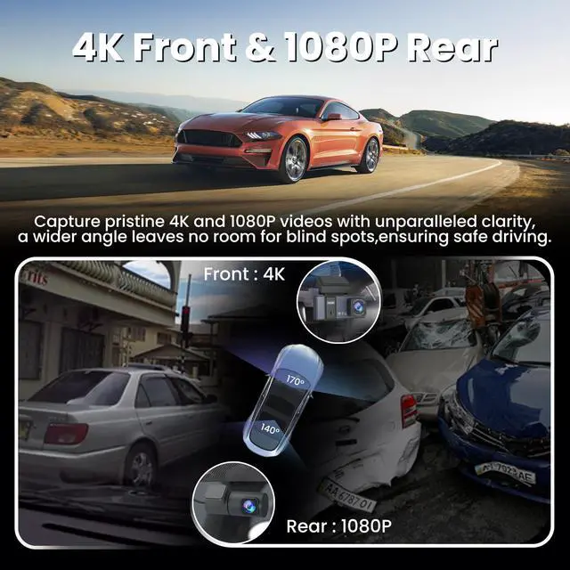 Alt view image 2 of 6 - 4K Dash Cam Front and Rear | 3840P UHD Dual Dash Camera for Cars with WiFi & 64GB Card | 3.18" IPS Screen, Zinc Alloy Metal Shell, Super Night Vision, G-Sensor, 24H Parking Mode