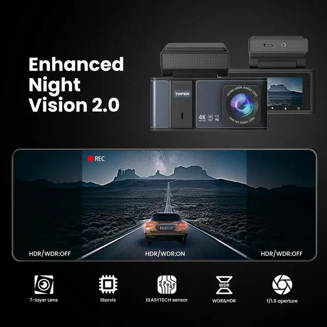 Alt view image 3 of 6 - 4K Dash Cam Front and Rear | 3840P UHD Dual Dash Camera for Cars with WiFi & 64GB Card | 3.18" IPS Screen, Zinc Alloy Metal Shell, Super Night Vision, G-Sensor, 24H Parking Mode