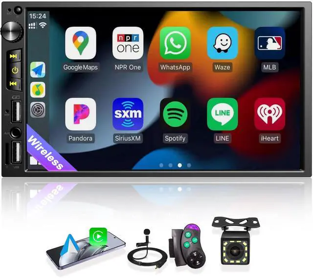 Main image of 7 inch Double Din Car Stereo with Wireless Apple CarPlay Android Auto | Car Radio, Bluetooth 5.2, IPS 1024*600 Touchscreen, Backup Camera, FM Radio,Dual USB/Fast charging/Subwoofer/Car Play