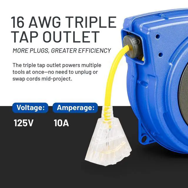 Alt view image 2 of 6 - Extension Cord Reel Retractable 16AWG x 50' Foot 3C/SJTOW Commercial Cable LED Triple Tap Connector Power 10A 125VAC 938W | 3C/SJTOW Commercial Cable LED Triple Tap Connector Power 10A 125VAC 938W