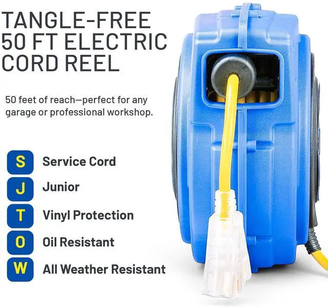 Alt view image 4 of 6 - Extension Cord Reel Retractable 16AWG x 50' Foot 3C/SJTOW Commercial Cable LED Triple Tap Connector Power 10A 125VAC 938W | 3C/SJTOW Commercial Cable LED Triple Tap Connector Power 10A 125VAC 938W