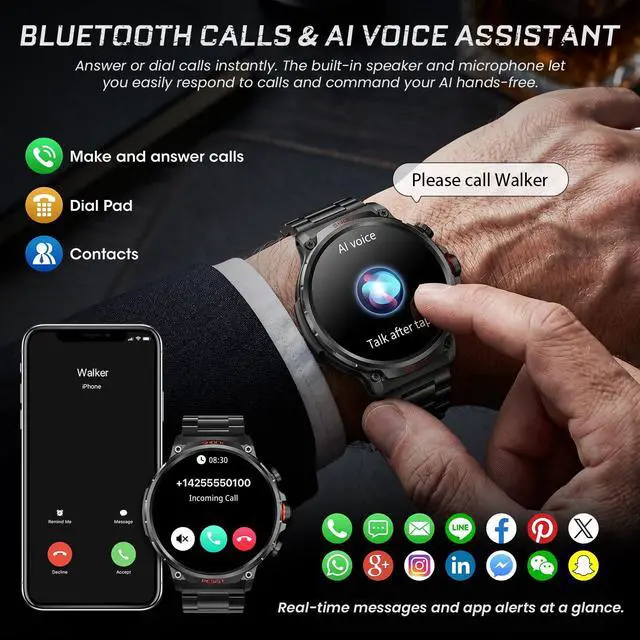 Alt view image 6 of 6 - Military Rugged Smart Watches for Men, 1.85" HD Tactical Fitness Tracker | Answer/Make Calls, 710mAh Battery, 100+ Sports Modes, Heart Rate/SpO2/Sleep Monitor, IP67 Waterproof, for Android iOS