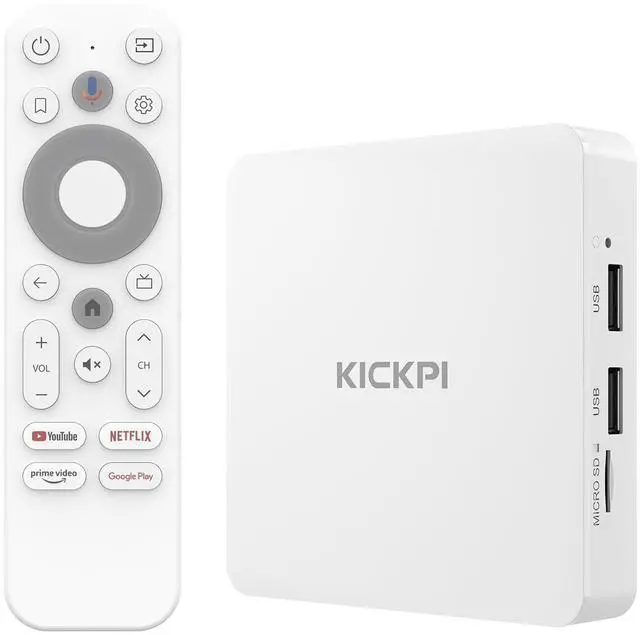 Main image of KP1 Android TV Box 14.0 Google Certified 4K Streaming Device with Voice Search 2GB RAM 16GB ROM, Dolby Audio, Bluetooth 5.0 Chromecast Built-in, Smart Home Control (White)