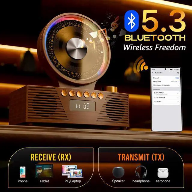 Alt view image 4 of 5 - Portable CD Player with Bluetooth, Rechargeable & Hi-Fi Speakers | Bluetooth TX & RX, 4000mAh rechargeable battery, retro kpop CD player, Hi-Fi stereo, sleep timer, USB/TF/AUX, 5 CD formats