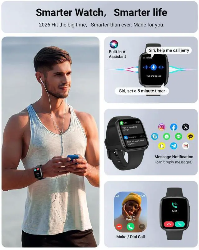 Alt view image 2 of 6 - Smart Watch for Men/Women, 1.85" AMOLED Screen Fitness Tracker | for iPhone/Android/Samsung, Answer/Make Call, Heart Rate/Sleep/SpO2, 3ATM Waterproof, 120+ Sport Modes, AI Voice, Black