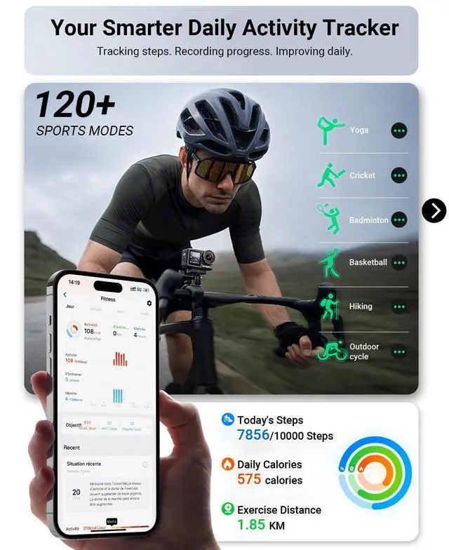 Alt view image 3 of 6 - Smart Watch for Men/Women, 1.85" AMOLED Screen Fitness Tracker | for iPhone/Android/Samsung, Answer/Make Call, Heart Rate/Sleep/SpO2, 3ATM Waterproof, 120+ Sport Modes, AI Voice, Black