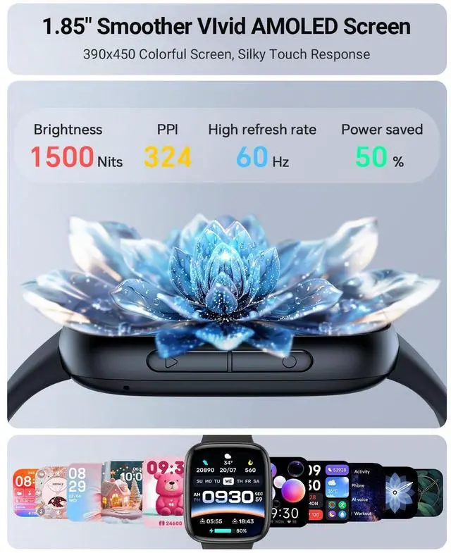 Alt view image 5 of 6 - Smart Watch for Men/Women, 1.85" AMOLED Screen Fitness Tracker | for iPhone/Android/Samsung, Answer/Make Call, Heart Rate/Sleep/SpO2, 3ATM Waterproof, 120+ Sport Modes, AI Voice, Black