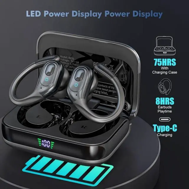 Alt view image 2 of 6 - Wireless Earbuds, Sports Bluetooth Headphones, 75Hrs Playtime Ear Buds with LED Power Display, Noise Canceling Headset, IPX7 Waterproof Earphones for Workout/Running
