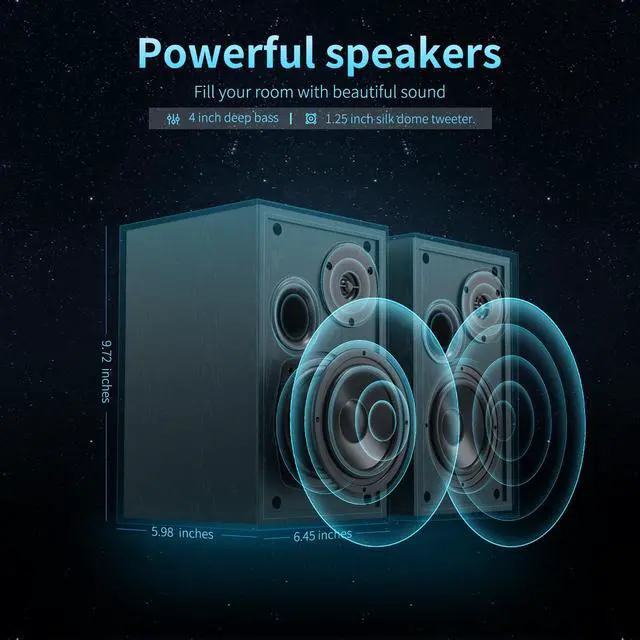 Alt view image 2 of 6 - 4 Inch Powered Bookshelf Speakers with Deep Bass, Bluetooth 5.0 Studio Monitor Speakers, 2.0 Neared Field Audio Speakers with 2 RCA Line Input, Set of 2 Black-New Model