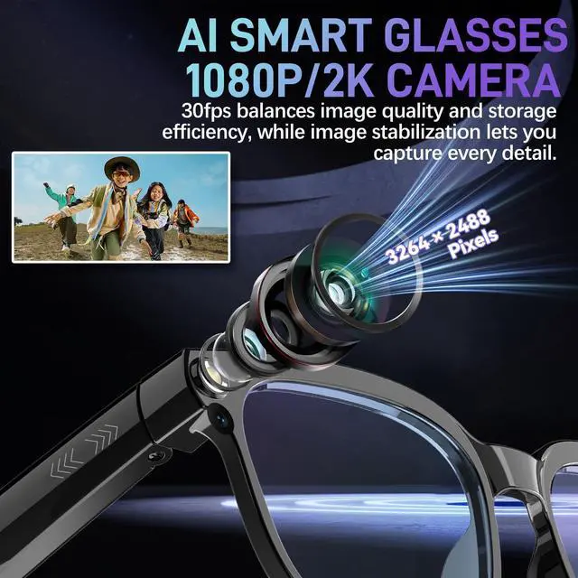 Alt view image 2 of 6 - AI Smart Glasses with Camera,800W Camera Glasses for Men and Women,Recording Glasses with Cameras,Replaceable Lenses/Real-Time Translation/Voice Control,Music Playback for Travel/Outdoor/Business