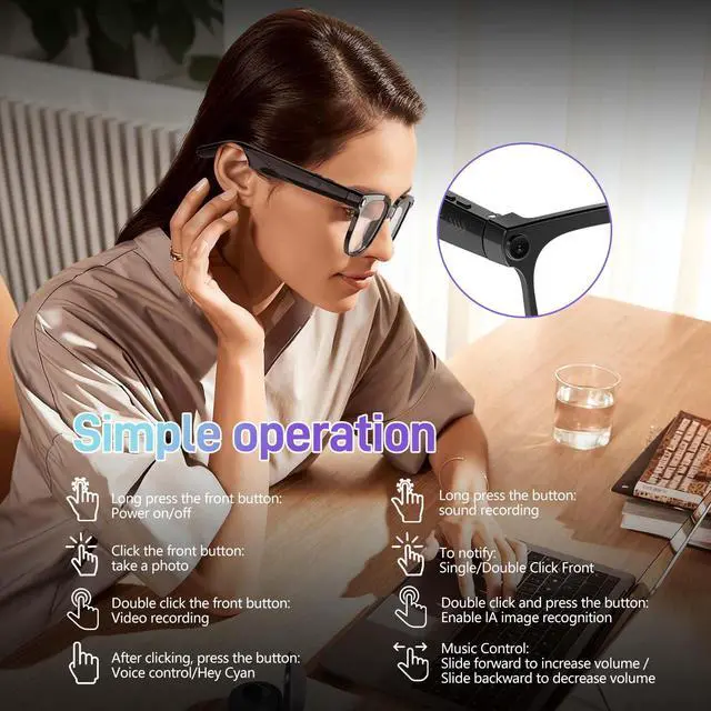 Alt view image 3 of 6 - AI Smart Glasses with Camera,800W Camera Glasses for Men and Women,Recording Glasses with Cameras,Replaceable Lenses/Real-Time Translation/Voice Control,Music Playback for Travel/Outdoor/Business