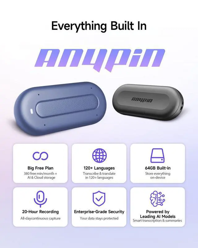 Alt view image 2 of 6 - Note Pod P1 AI Voice Recorder, Transcribe &Summarize, Wearable AI Note taker for Meetings, Calls & Productivity, Wi-Fi Sync, Support 120+ Languages, 64GB, Cosmic Blue
