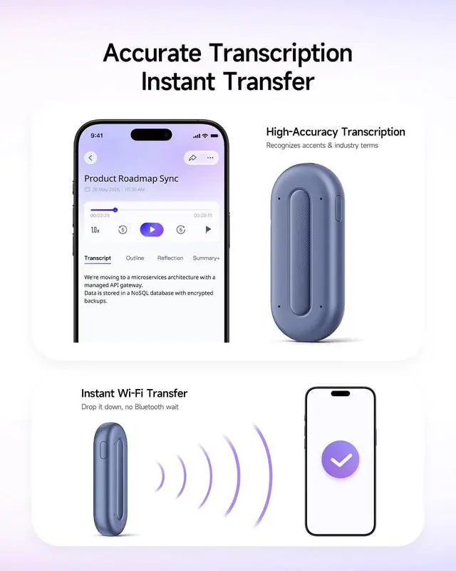 Alt view image 4 of 6 - Note Pod P1 AI Voice Recorder, Transcribe &Summarize, Wearable AI Note taker for Meetings, Calls & Productivity, Wi-Fi Sync, Support 120+ Languages, 64GB, Cosmic Blue