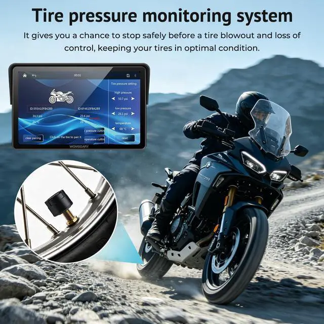 Alt view image 3 of 6 - W722TPMS 7" Wireless Motorcycle CarPlay & Android Auto with TPMS | IP67 Waterproof Motorcycle GPS Touchscreen with Dual Bluetooth Audio,EQ, Light Sensor,USB/ACC Power for Riding