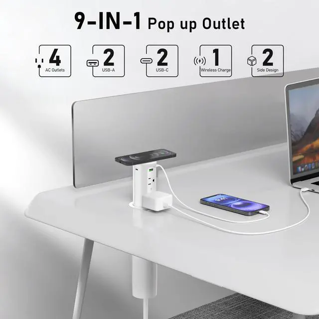 Alt view image 2 of 6 - Pop Up Outlet for Countertop with 15W Wireless Charging Pad,Recessed Power Strip 2.5-Inch Hole,65W GaN USB C,Tamper Resistant Receptacle,4 USB,4 Outlets for Kitchen,Office Desk,ETL Listed (White)