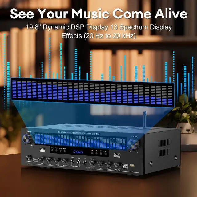 Alt view image 2 of 6 - Stereo Receivers Home Audio Amplifier w/DSP Display,300W Rated Power 5.1 Channel Bluetooth Receiver,Home Amp w/BT/CD/DVD/AUX/USB/BT/FM/Opt/COA/MIC for Home/Studio/Theater Passive Speaker