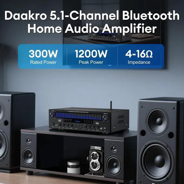 Alt view image 3 of 6 - Stereo Receivers Home Audio Amplifier w/DSP Display,300W Rated Power 5.1 Channel Bluetooth Receiver,Home Amp w/BT/CD/DVD/AUX/USB/BT/FM/Opt/COA/MIC for Home/Studio/Theater Passive Speaker