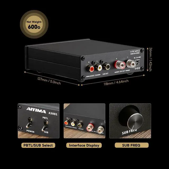 Alt view image 4 of 6 - A3001 Mini Mono Amp 300W Subwoofer Amplifier TPA3255 Class D Amp with Full-Frequency & Sub Bass Home Audio Speaker amp+ DC36V 6A Power Adapter | FLAT & SUB Bass Modes, Passive Speaker & Active Sub Out