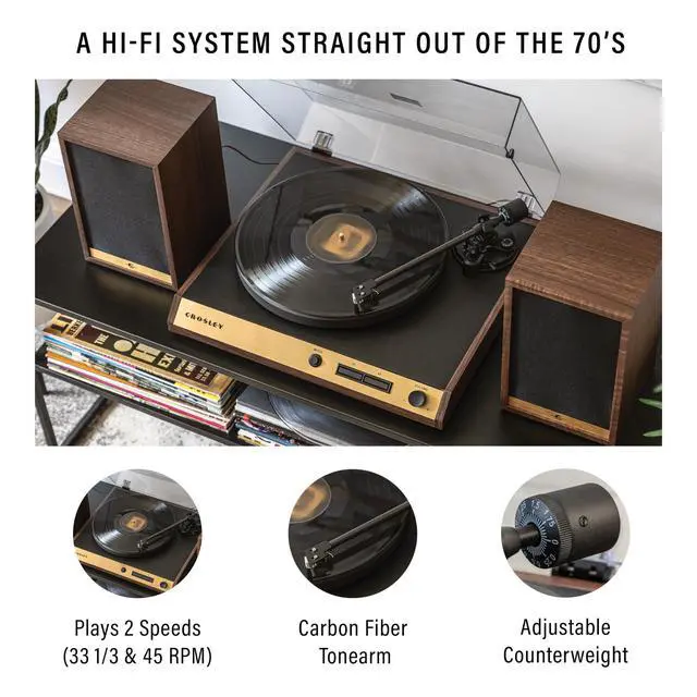 Alt view image 2 of 6 - C72A-WA Record Player with Speakers, Walnut | 2-Speed Turntable, ATN3600L Audio-Technica Cartridge, Standard 1/2" Mount, Bluetooth In, External Speakers, Steel Platter