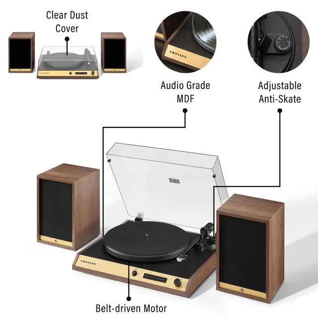 Alt view image 3 of 6 - C72A-WA Record Player with Speakers, Walnut | 2-Speed Turntable, ATN3600L Audio-Technica Cartridge, Standard 1/2" Mount, Bluetooth In, External Speakers, Steel Platter