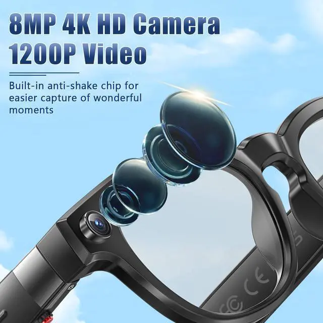 Alt view image 2 of 6 - AI Smart Glasses with Camera and Bluetooth, 8MP 4K Video Audio Recording Glasses with Translation & Voice Control, IP67 Waterproof Smart Glasses for Business & Outdoor