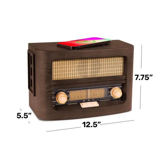 Alt view image 3 of 6 - Vint Vintage Wood Retro Radio | Wireless Charging Pad | AM/FM Radio Speaker with Bluetooth & AUX Input | Mid-Century Modern Design | Handcrafted Ashtree Wood Exterior