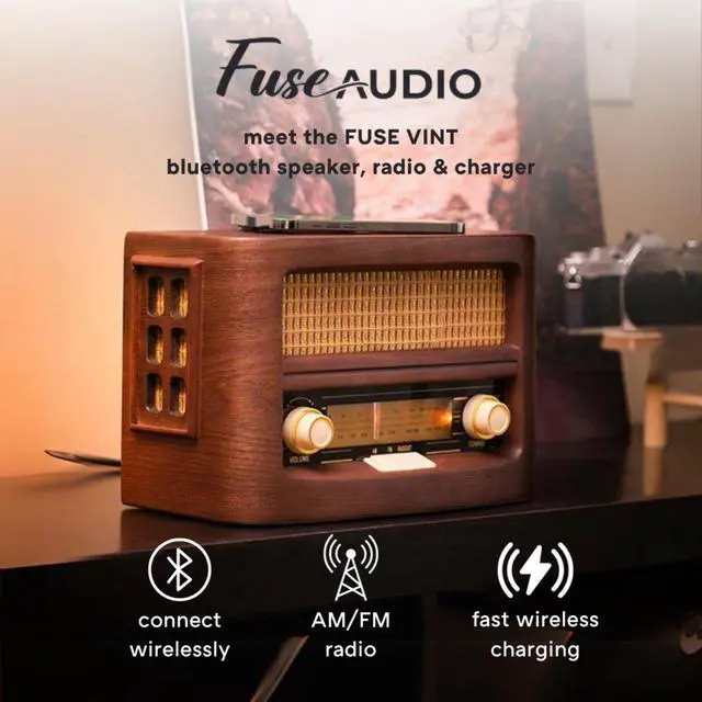 Alt view image 4 of 6 - Vint Vintage Wood Retro Radio | Wireless Charging Pad | AM/FM Radio Speaker with Bluetooth & AUX Input | Mid-Century Modern Design | Handcrafted Ashtree Wood Exterior